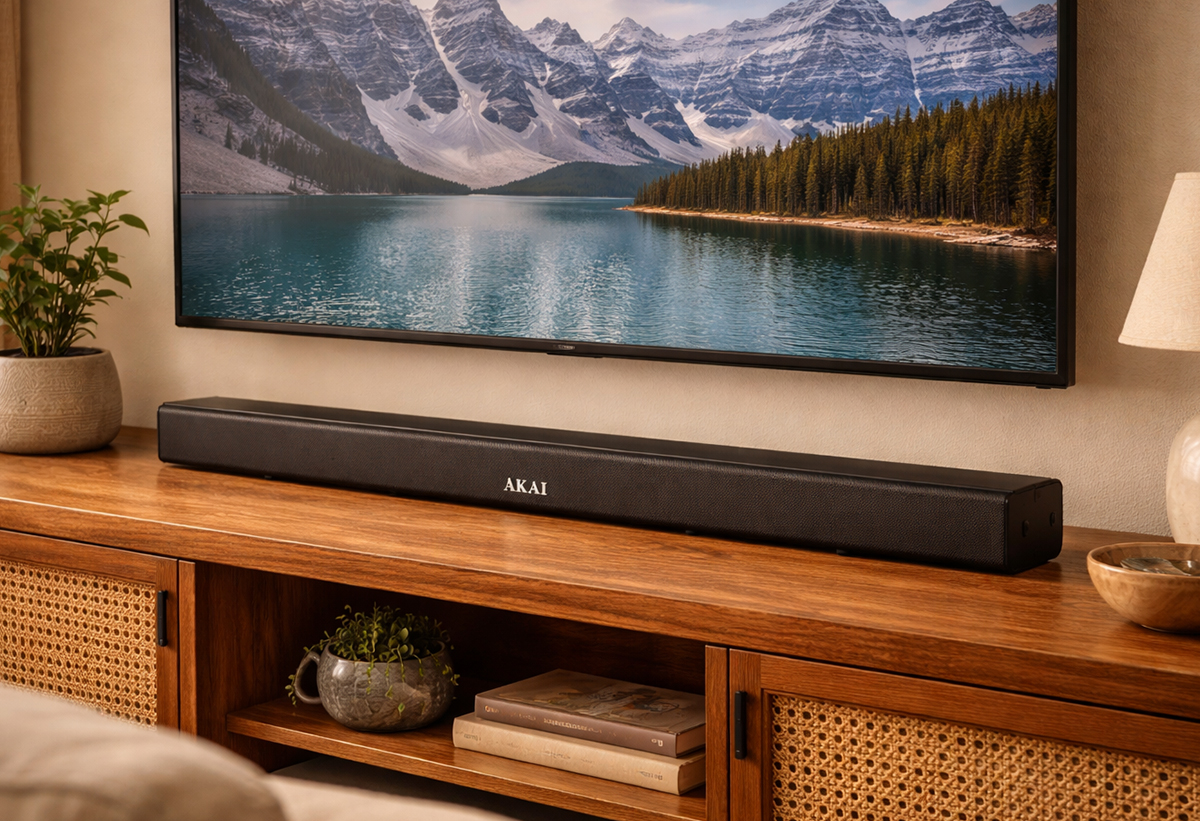 Απεικονίζεται το soundbar κάτω από τηλεόραση.